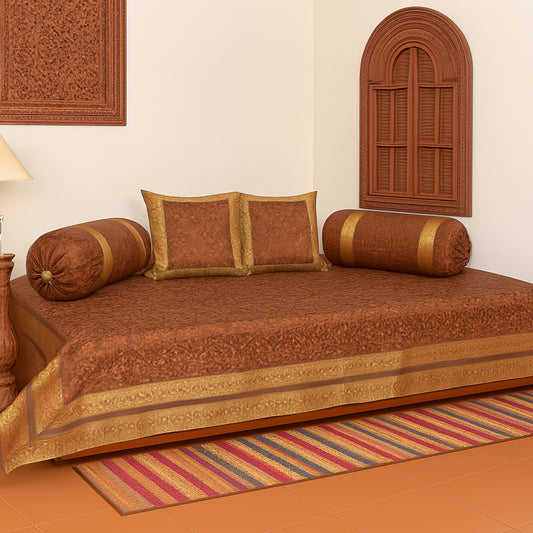 Dark Brown Banarasi Diwan Set Silk Zari Brocade Gift Cushion & Bolster Cover