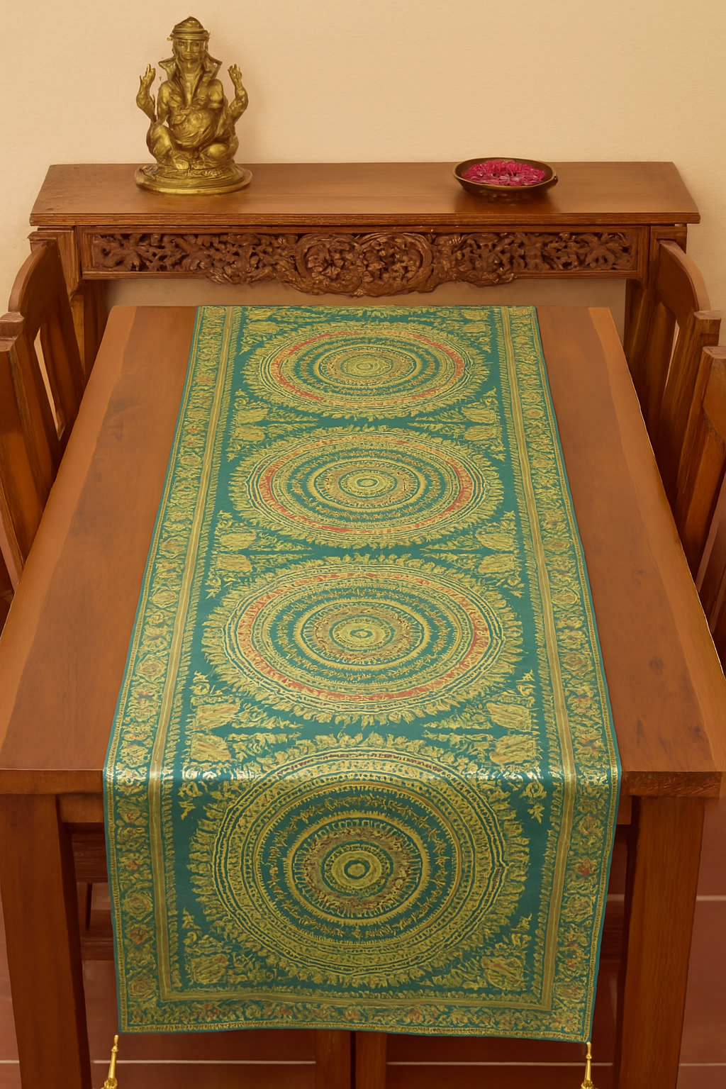 Teal Green Table Runner 72x16" Banarasi Silk Brocade Mandala Dining Decor Cloth