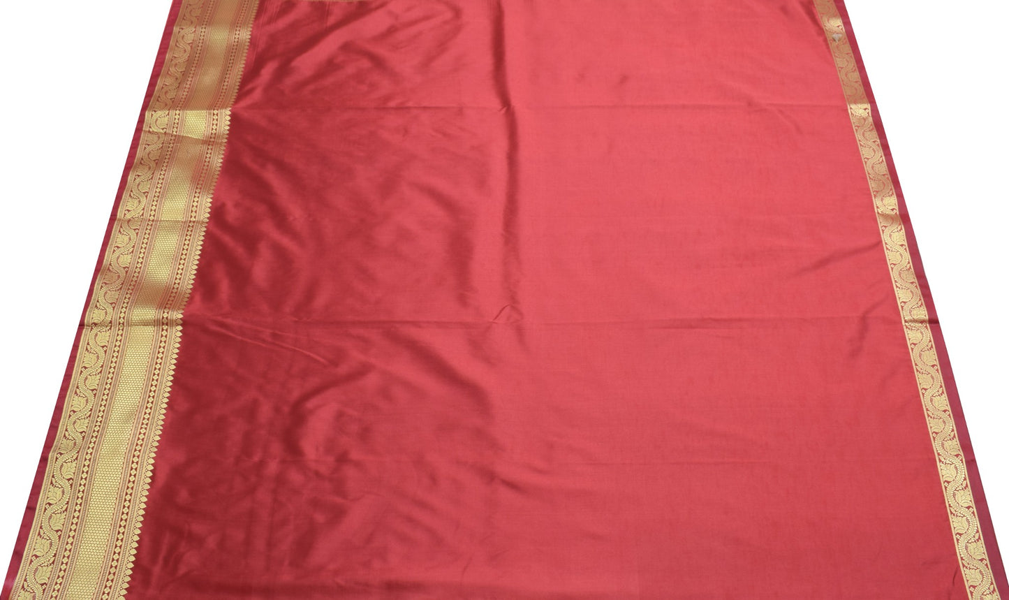 Banarasi Art Silk Saree with Blouse Fabric Coral Pink Leaves Gold Zari Weaving