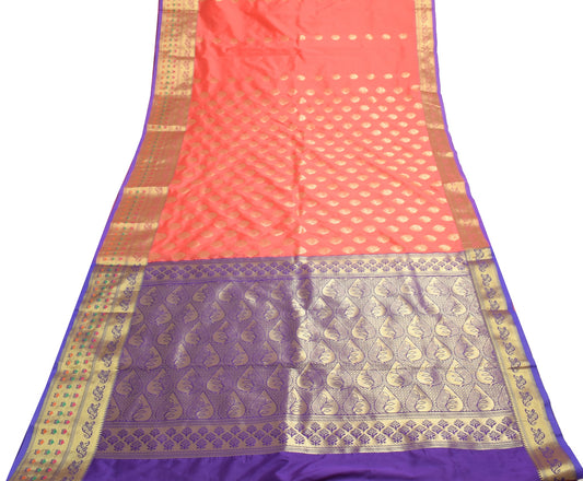 Peach Banarasi Sari Art Silk Zari Woven Floral Border Saree with Blouse Fabric