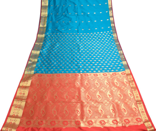 Teal Blue Banarasi Sari Art Silk Zari Woven Leaf Motifs Saree with Blouse Fabric