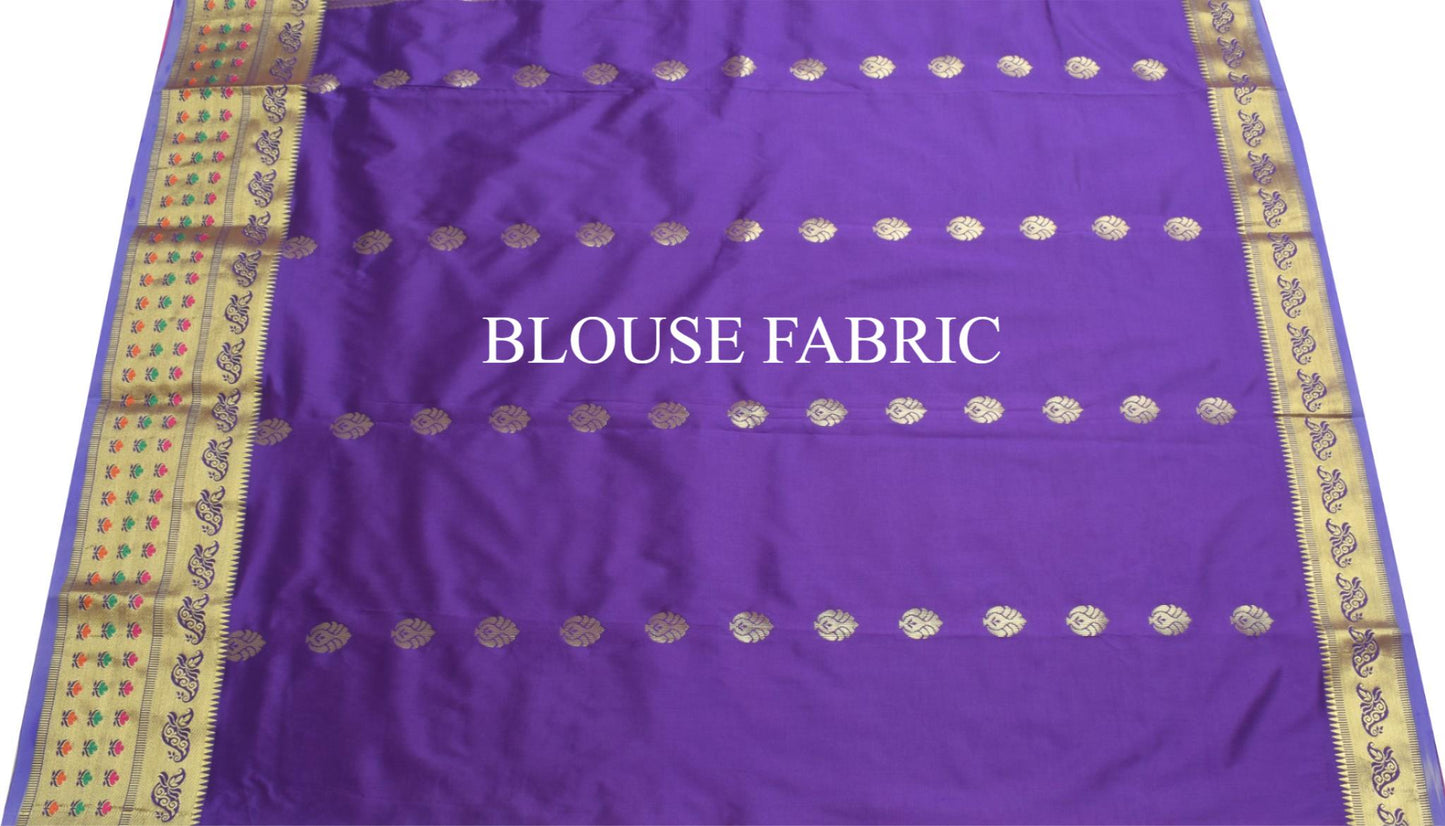 Dark Blue Banarasi Sari Art Silk Zari Woven Floral Border Saree Blouse Fabric