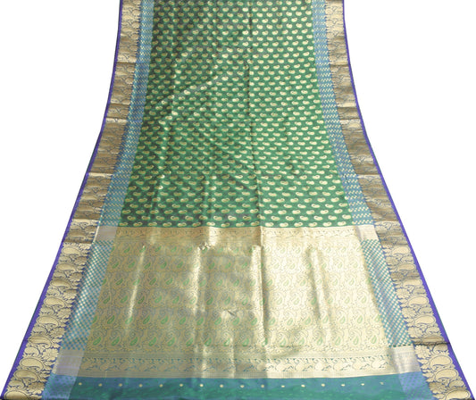 Indian Green Purple DualTone Sari Art Silk Banarasi Saree Blouse Gold Zari Woven