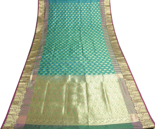 Indian Green Blue Dual Tone Sari Art Silk Banarasi Saree Blouse Gold Zari Woven