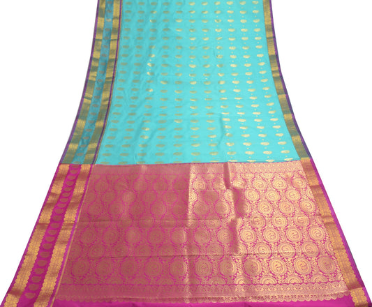 Indian Aqua Green Banarasi Sari Art Cotton Saree Blouse Fabric Gold Zari Woven