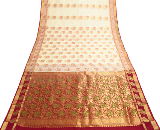 Cream Zari Woven Banarasi Saree Cotton Art Party Wear Sari with Blouse Fabric