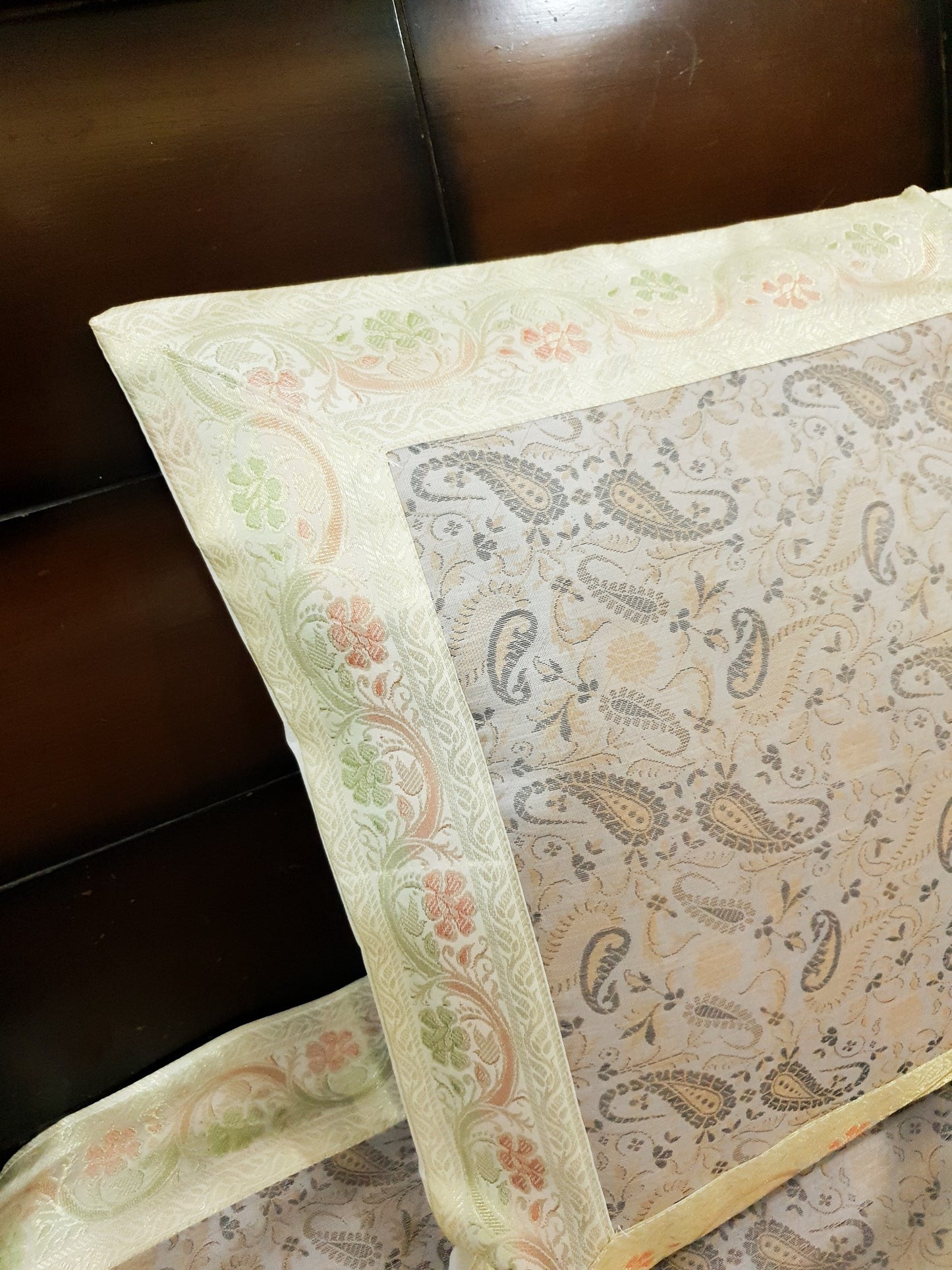 Banarasi Bed Cover Off White Silk Woven Zari Brocade Indian Cushion & Pillow Set