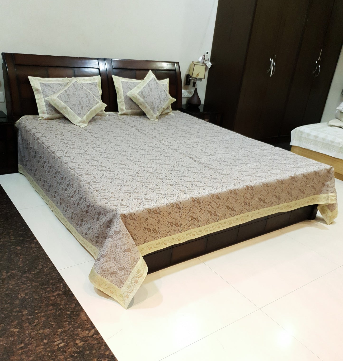 Banarasi Bed Cover Off White Silk Woven Zari Brocade Indian Cushion & Pillow Set