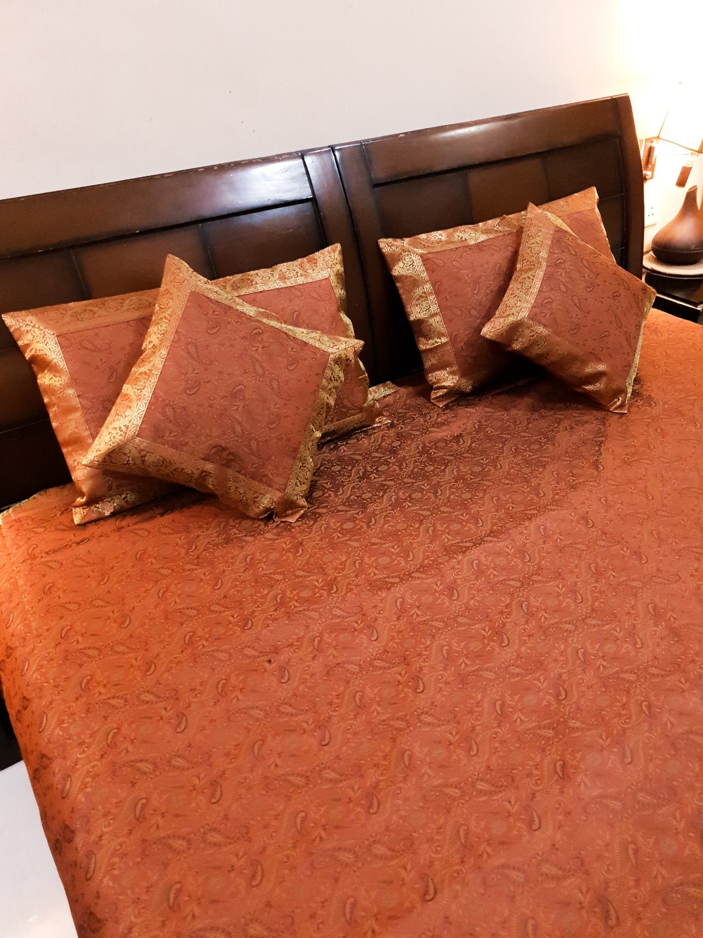 Banarasi Bed Cover Brown Silk Woven Zari Brocade Indian Cushion & Pillow Set