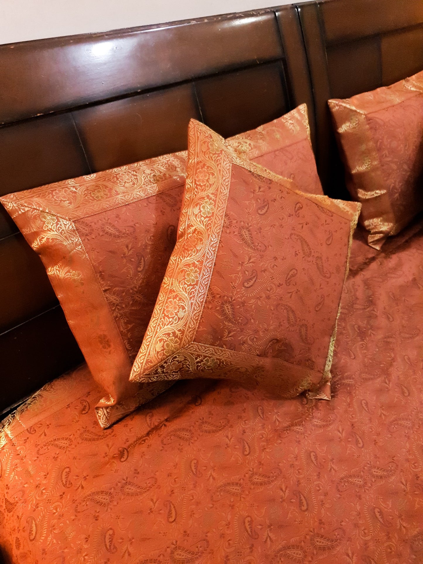 Banarasi Bed Cover Brown Silk Woven Zari Brocade Indian Cushion & Pillow Set