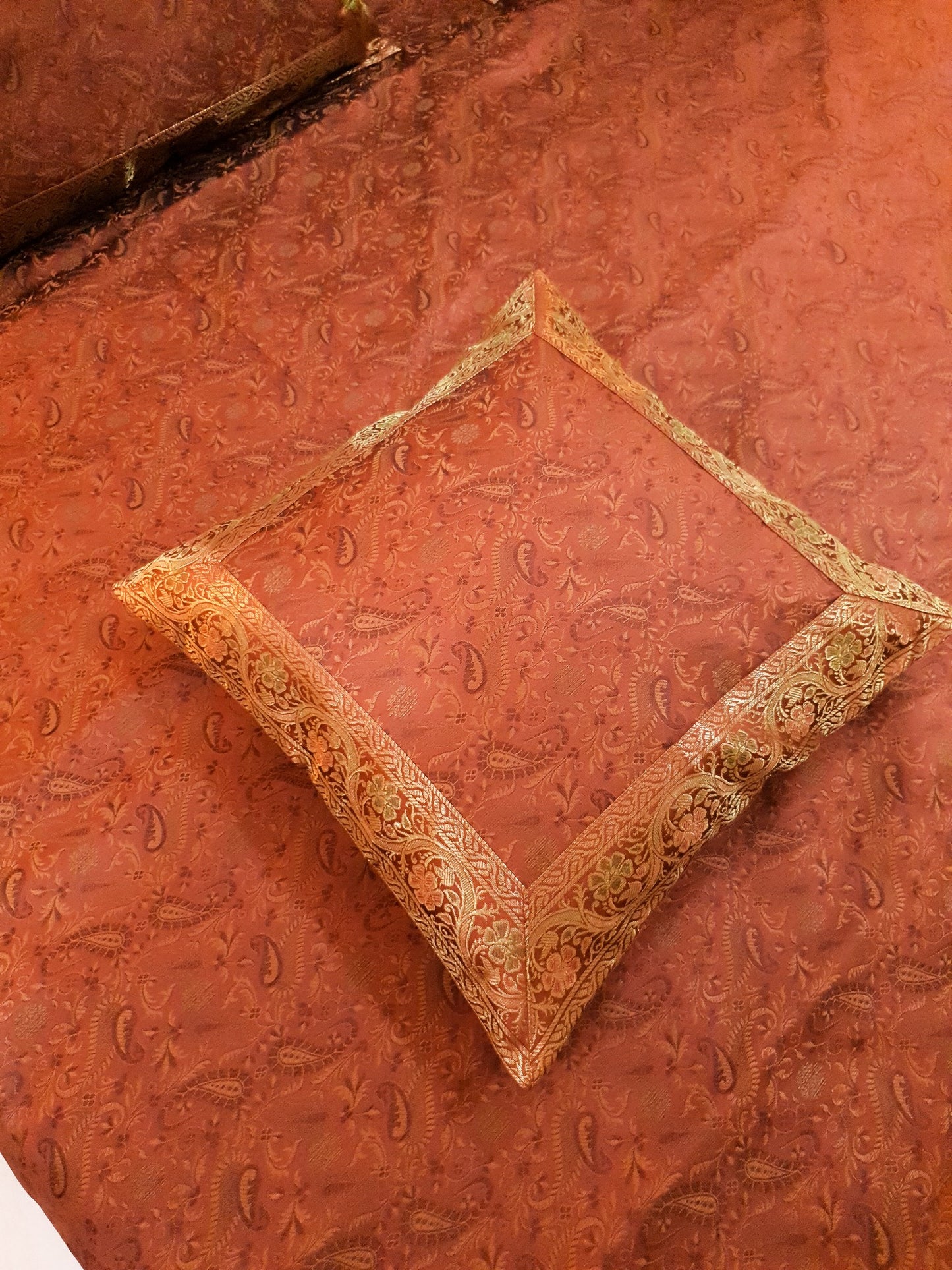 Banarasi Bed Cover Brown Silk Woven Zari Brocade Indian Cushion & Pillow Set