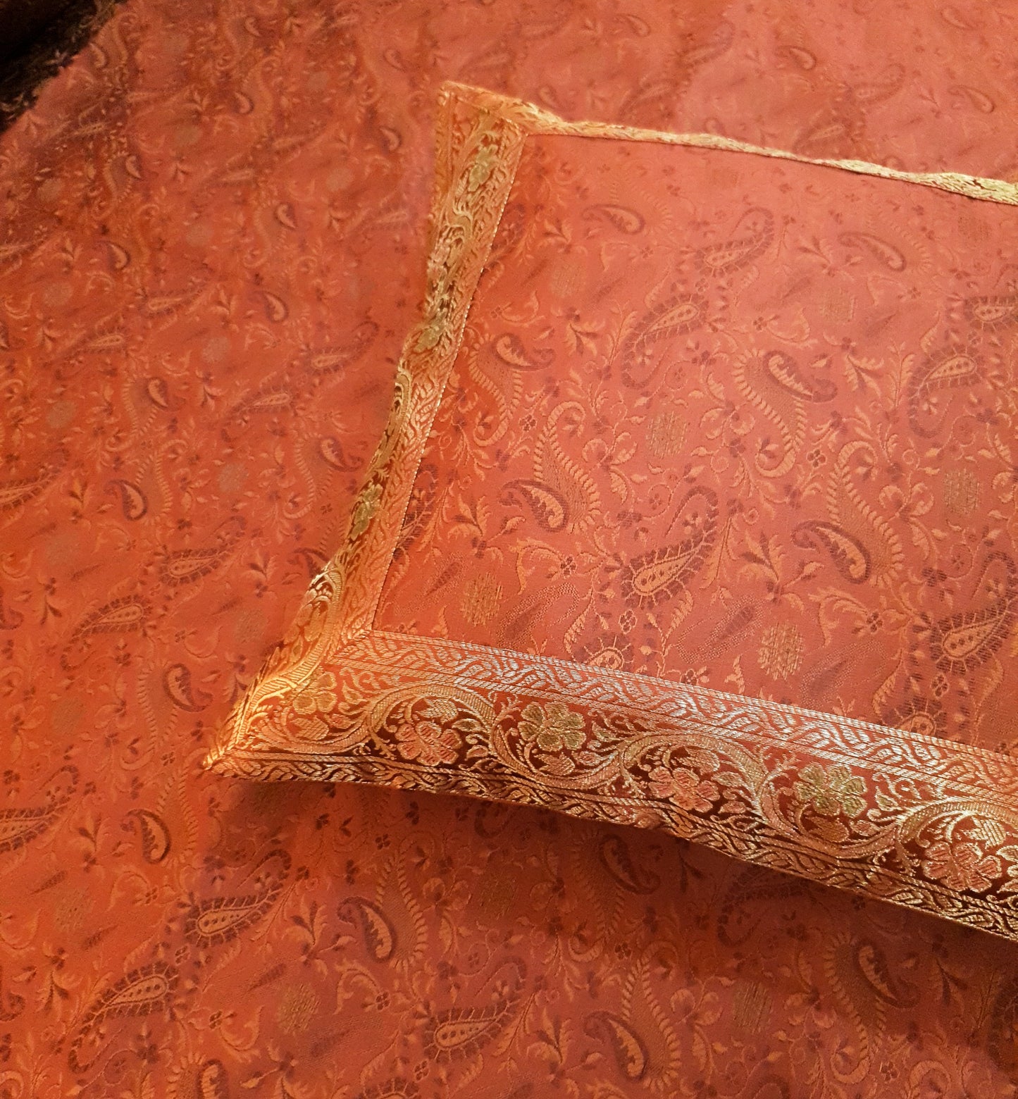 Banarasi Bed Cover Brown Silk Woven Zari Brocade Indian Cushion & Pillow Set