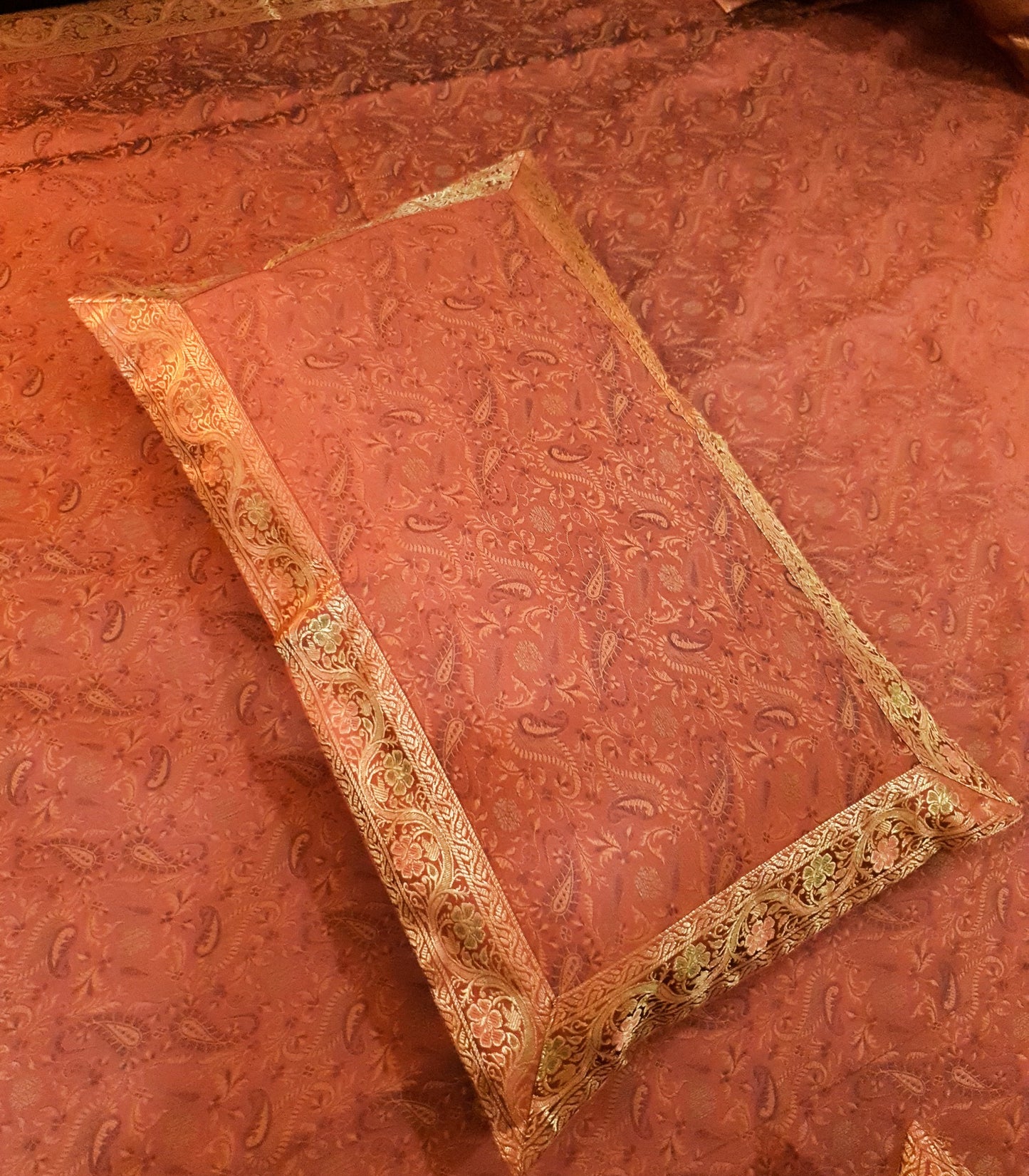 Banarasi Bed Cover Brown Silk Woven Zari Brocade Indian Cushion & Pillow Set