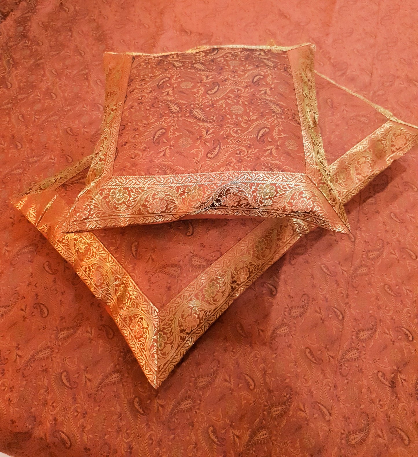 Banarasi Bed Cover Brown Silk Woven Zari Brocade Indian Cushion & Pillow Set