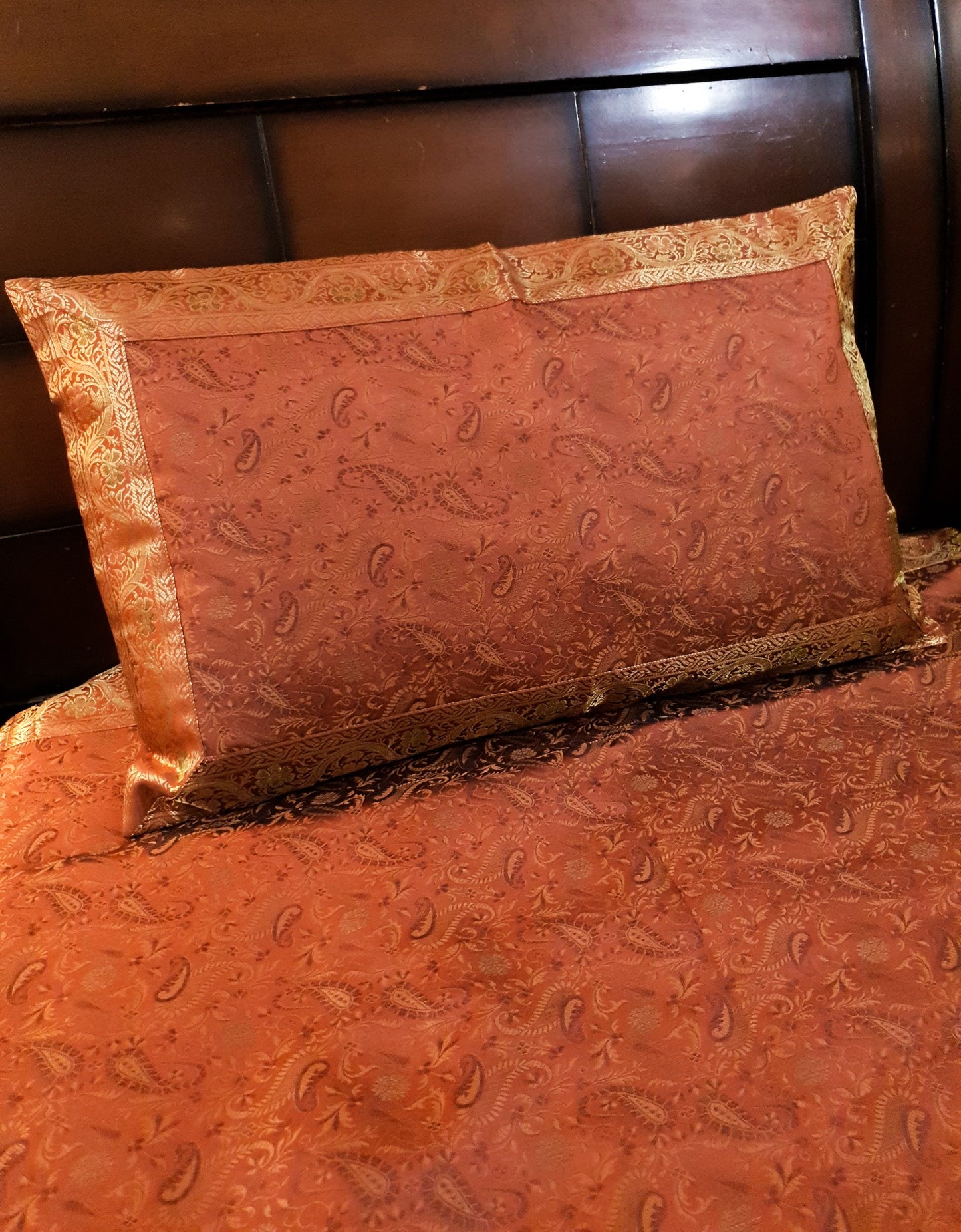 Banarasi Bed Cover Brown Silk Woven Zari Brocade Indian Cushion & Pillow Set