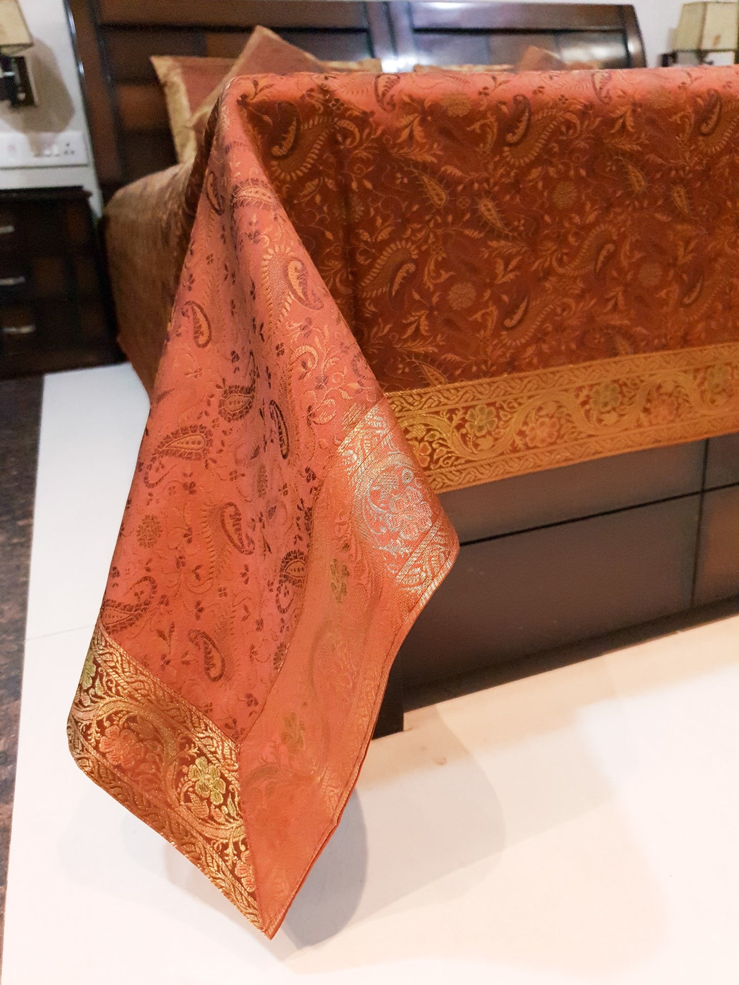 Banarasi Bed Cover Brown Silk Woven Zari Brocade Indian Cushion & Pillow Set
