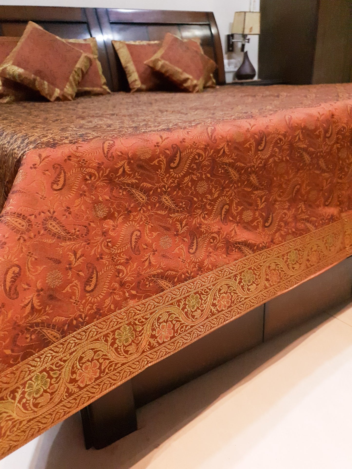 Banarasi Bed Cover Brown Silk Woven Zari Brocade Indian Cushion & Pillow Set