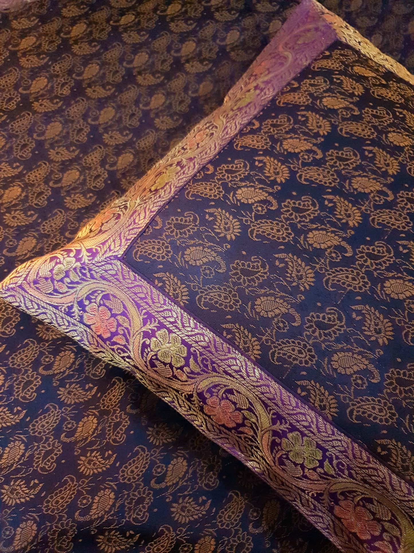 Banarasi Bed Cover Dark Blue Silk Woven Zari Brocade Indian Cushion & Pillow Set