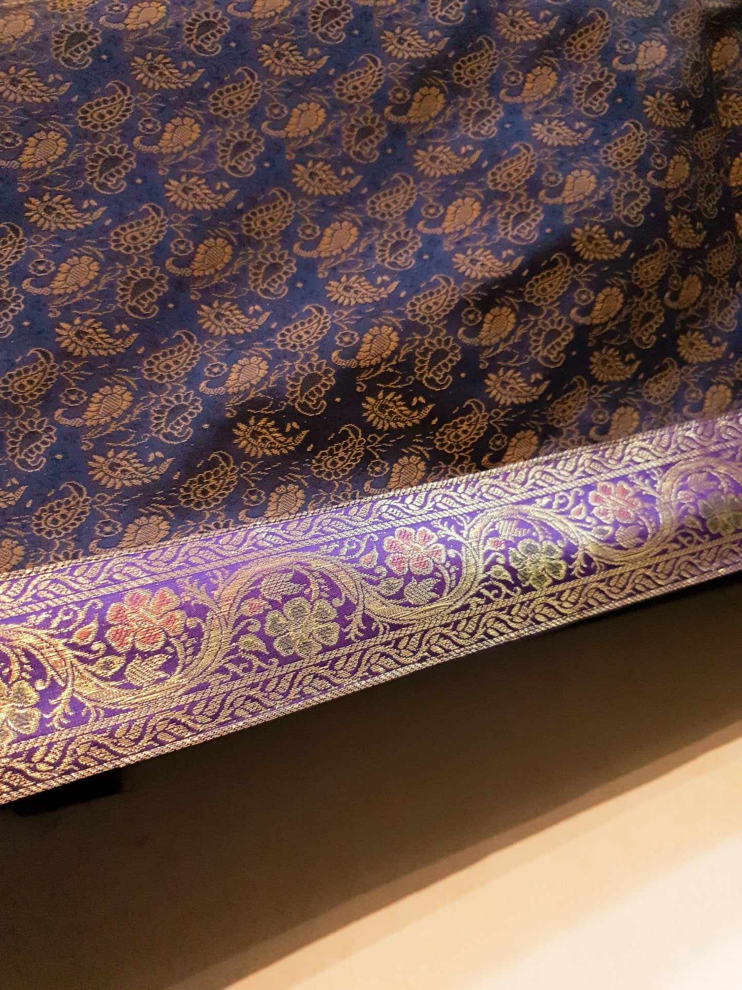 Banarasi Bed Cover Dark Blue Silk Woven Zari Brocade Indian Cushion & Pillow Set