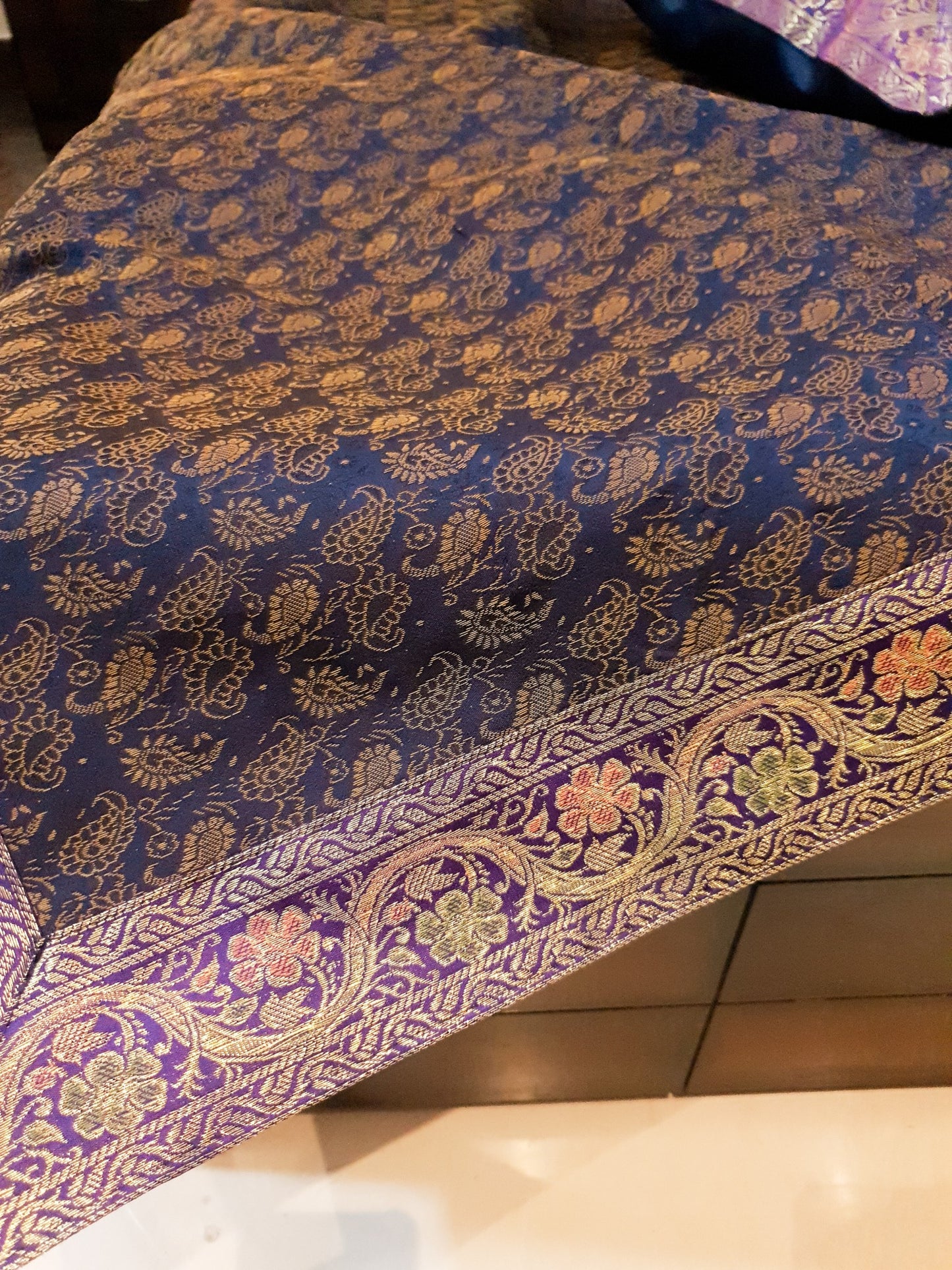 Banarasi Bed Cover Dark Blue Silk Woven Zari Brocade Indian Cushion & Pillow Set