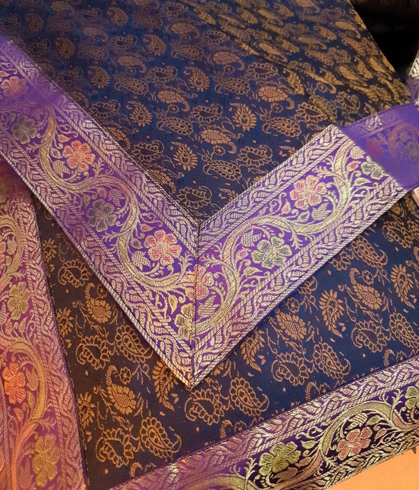 Banarasi Bed Cover Dark Blue Silk Woven Zari Brocade Indian Cushion & Pillow Set