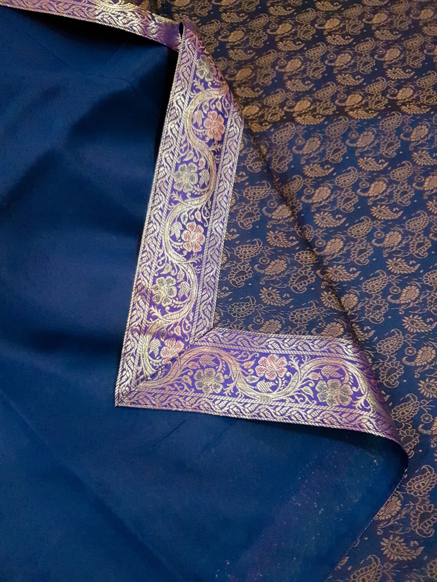 Banarasi Bed Cover Dark Blue Silk Woven Zari Brocade Indian Cushion & Pillow Set