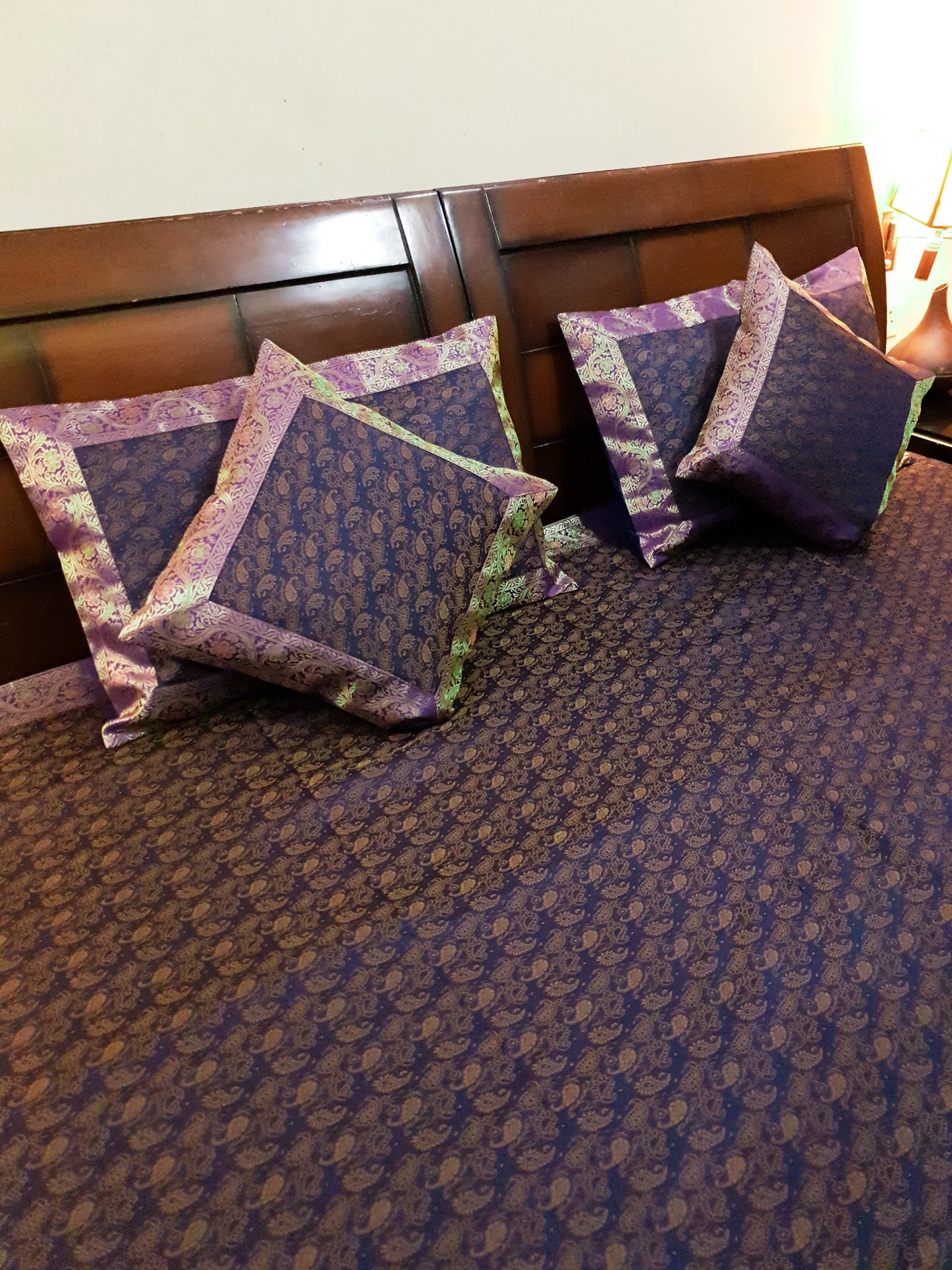 Banarasi Bed Cover Dark Blue Silk Woven Zari Brocade Indian Cushion & Pillow Set