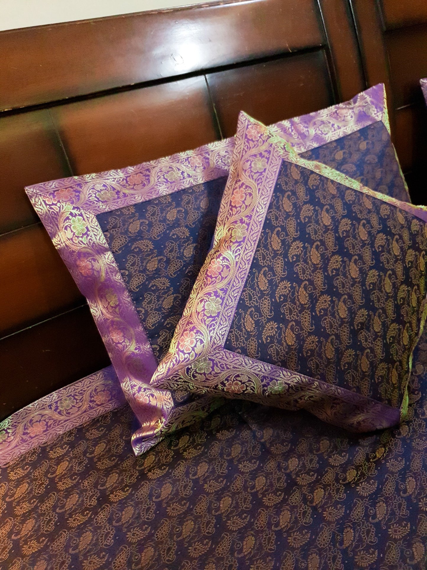 Banarasi Bed Cover Dark Blue Silk Woven Zari Brocade Indian Cushion & Pillow Set