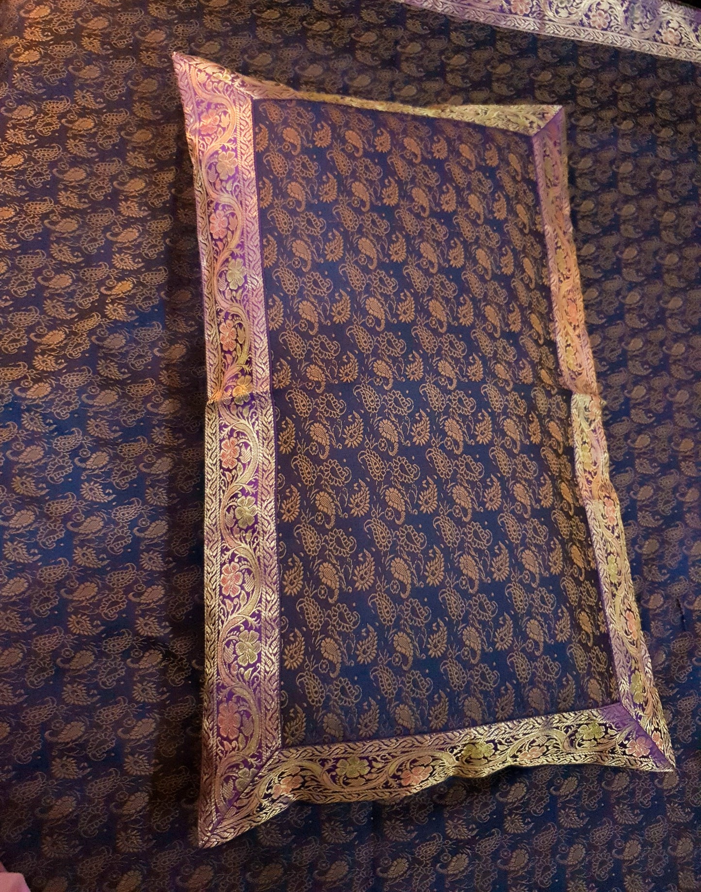 Banarasi Bed Cover Dark Blue Silk Woven Zari Brocade Indian Cushion & Pillow Set
