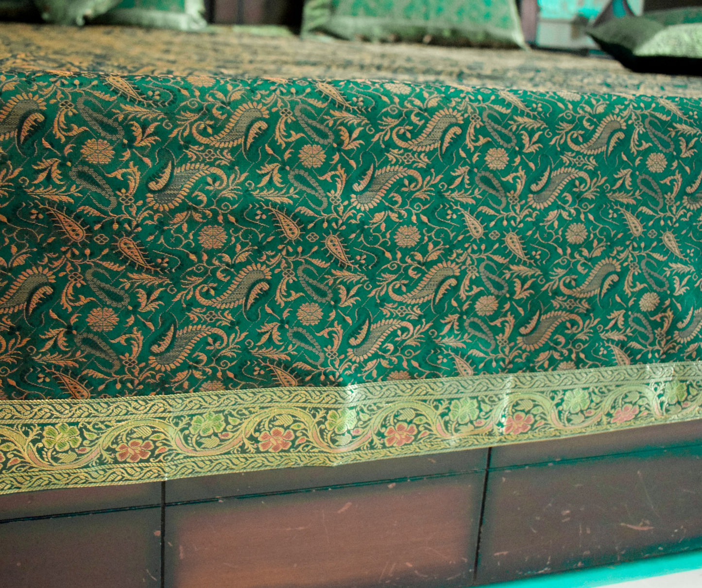 Banarasi Silk Cushion & Pillow Cover Set – Dark Green Zari Brocade Woven Design