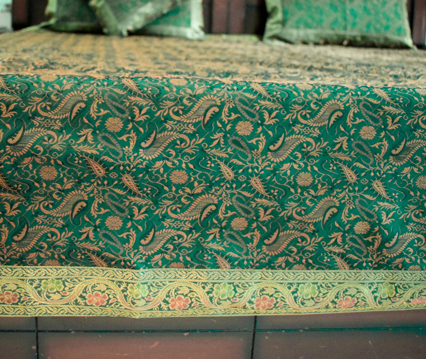 Banarasi Silk Cushion & Pillow Cover Set – Dark Green Zari Brocade Woven Design