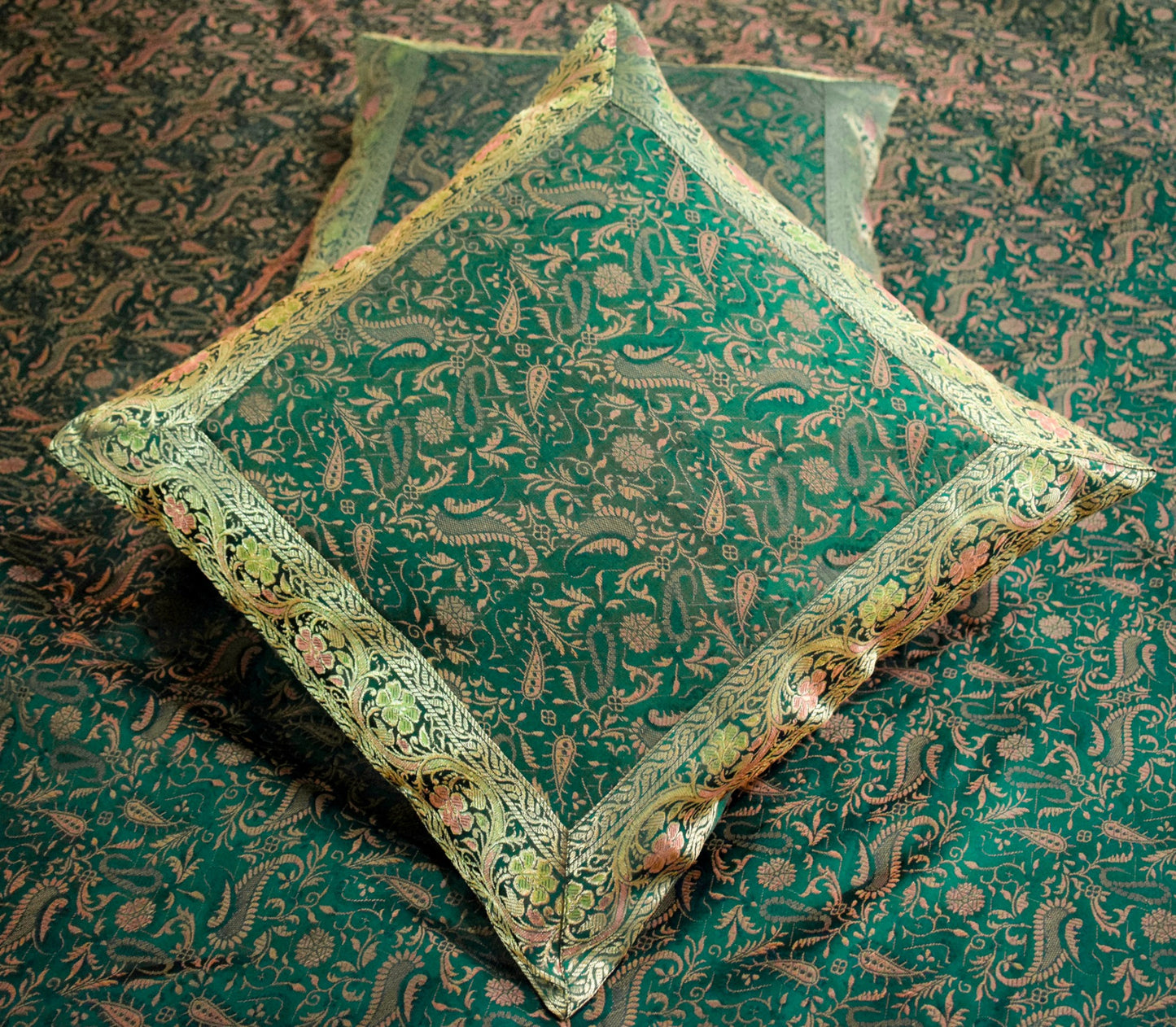 Banarasi Silk Cushion & Pillow Cover Set – Dark Green Zari Brocade Woven Design