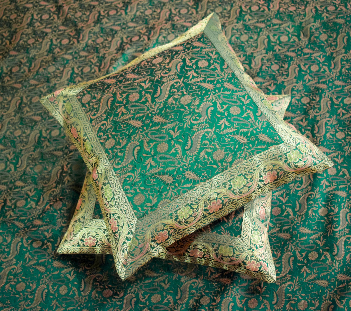 Banarasi Silk Cushion & Pillow Cover Set – Dark Green Zari Brocade Woven Design