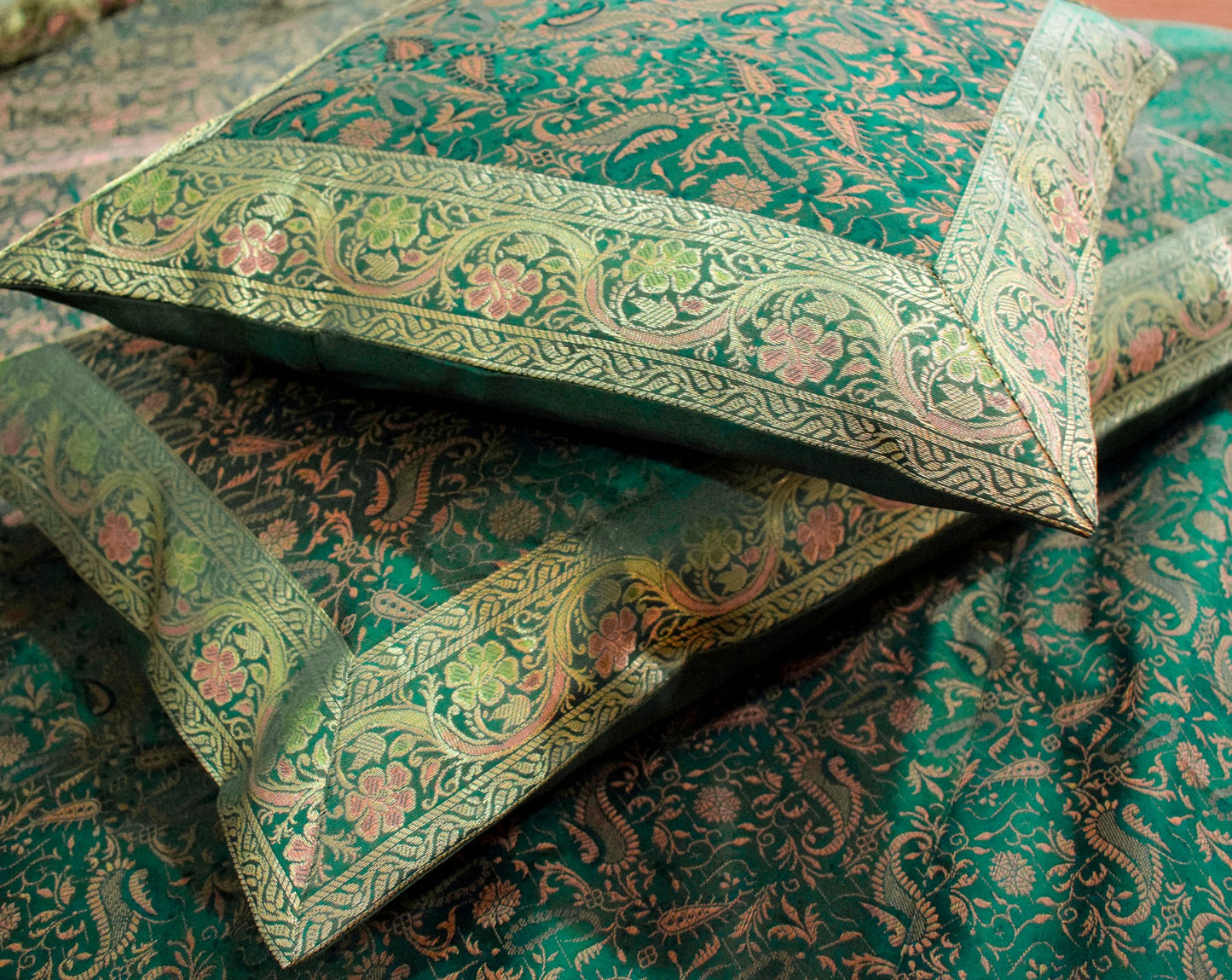 Banarasi Silk Cushion & Pillow Cover Set – Dark Green Zari Brocade Woven Design