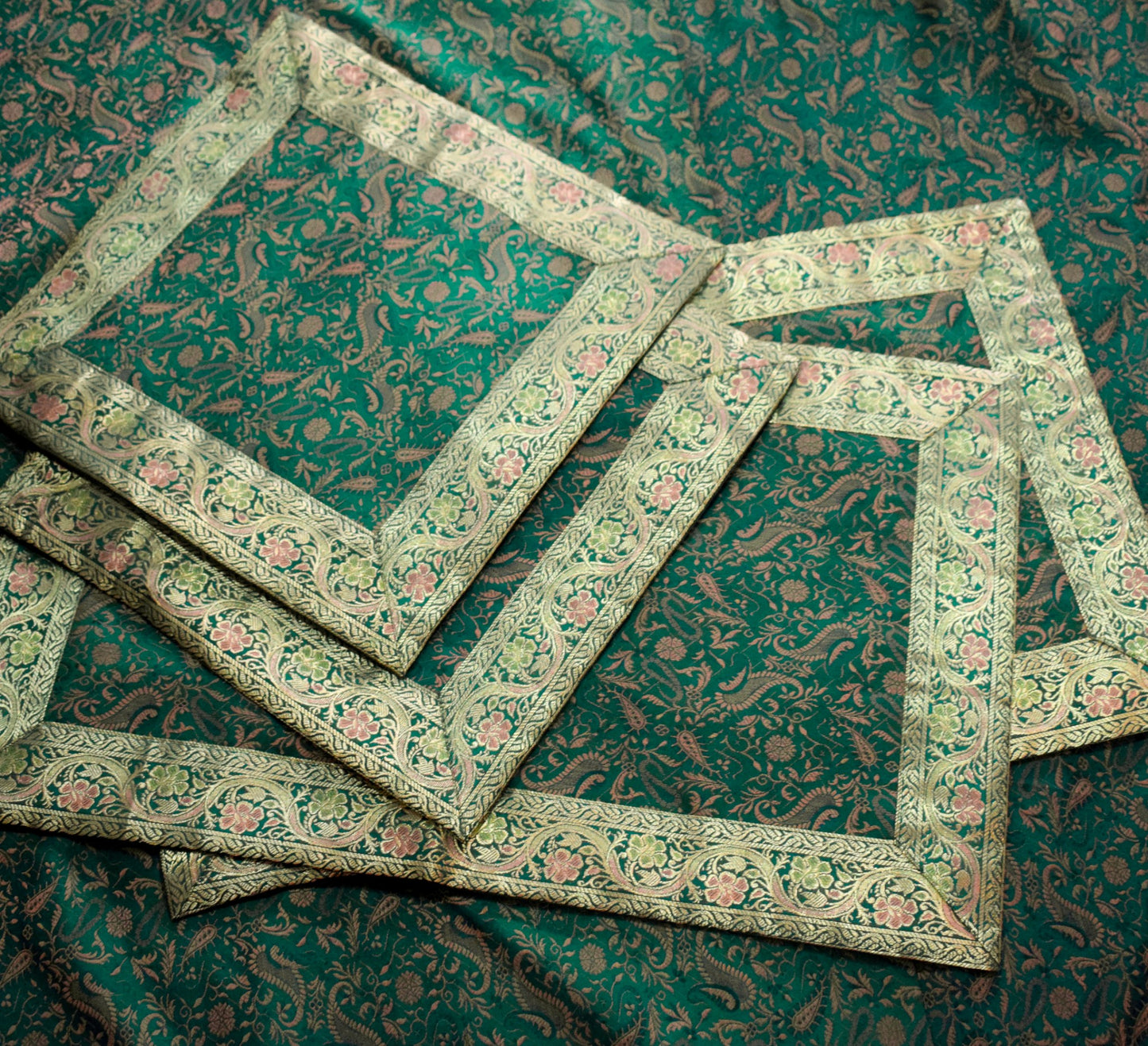 Banarasi Silk Cushion & Pillow Cover Set – Dark Green Zari Brocade Woven Design