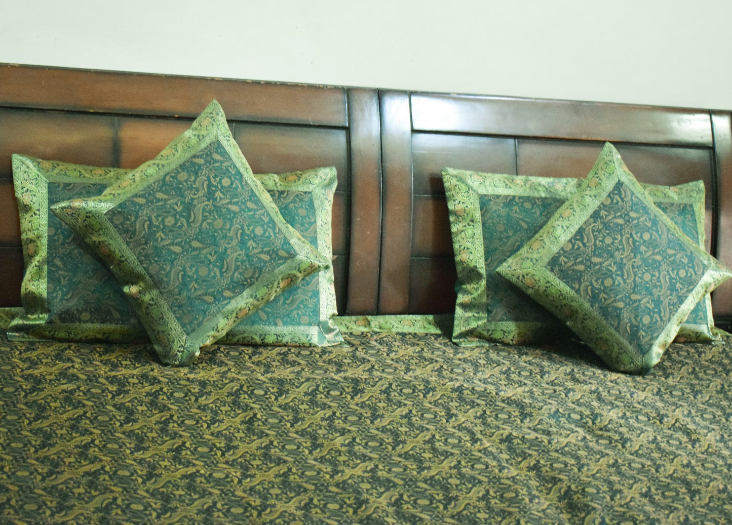 Banarasi Silk Cushion & Pillow Cover Set – Dark Green Zari Brocade Woven Design