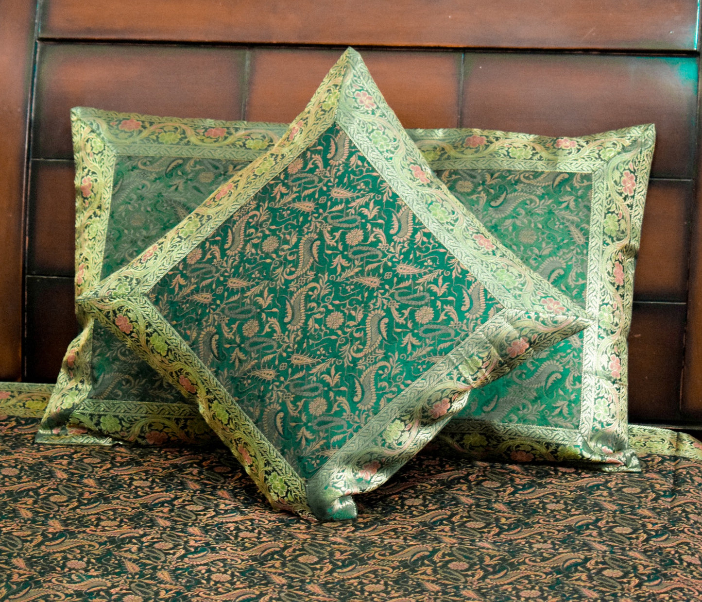 Banarasi Silk Cushion & Pillow Cover Set – Dark Green Zari Brocade Woven Design