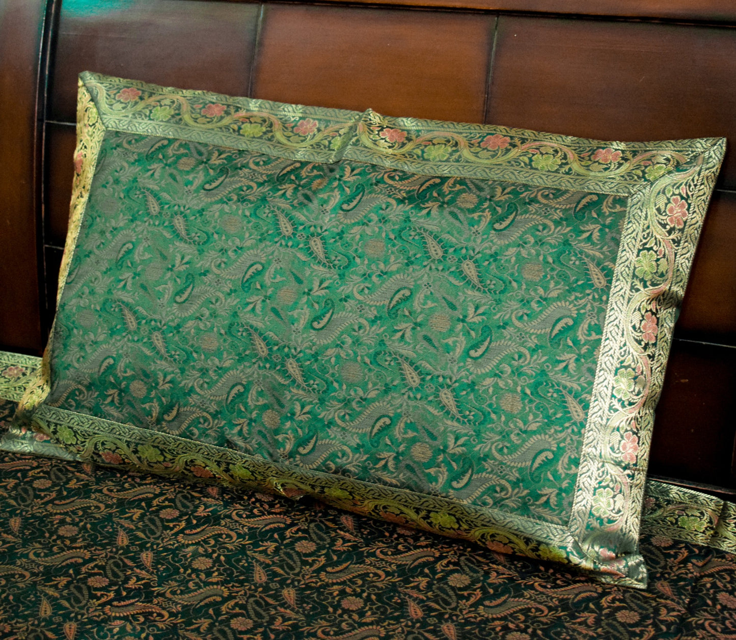 Banarasi Silk Cushion & Pillow Cover Set – Dark Green Zari Brocade Woven Design