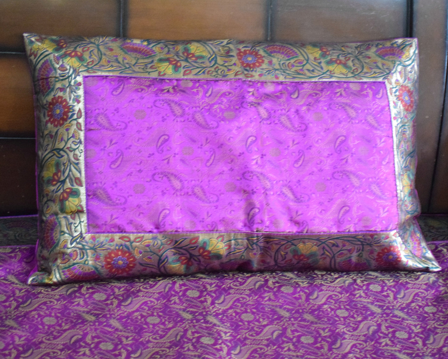 Dark Magenta Bed, Cushion & Pillow Cover Set Banarasi Silk & Woven Zari Brocade