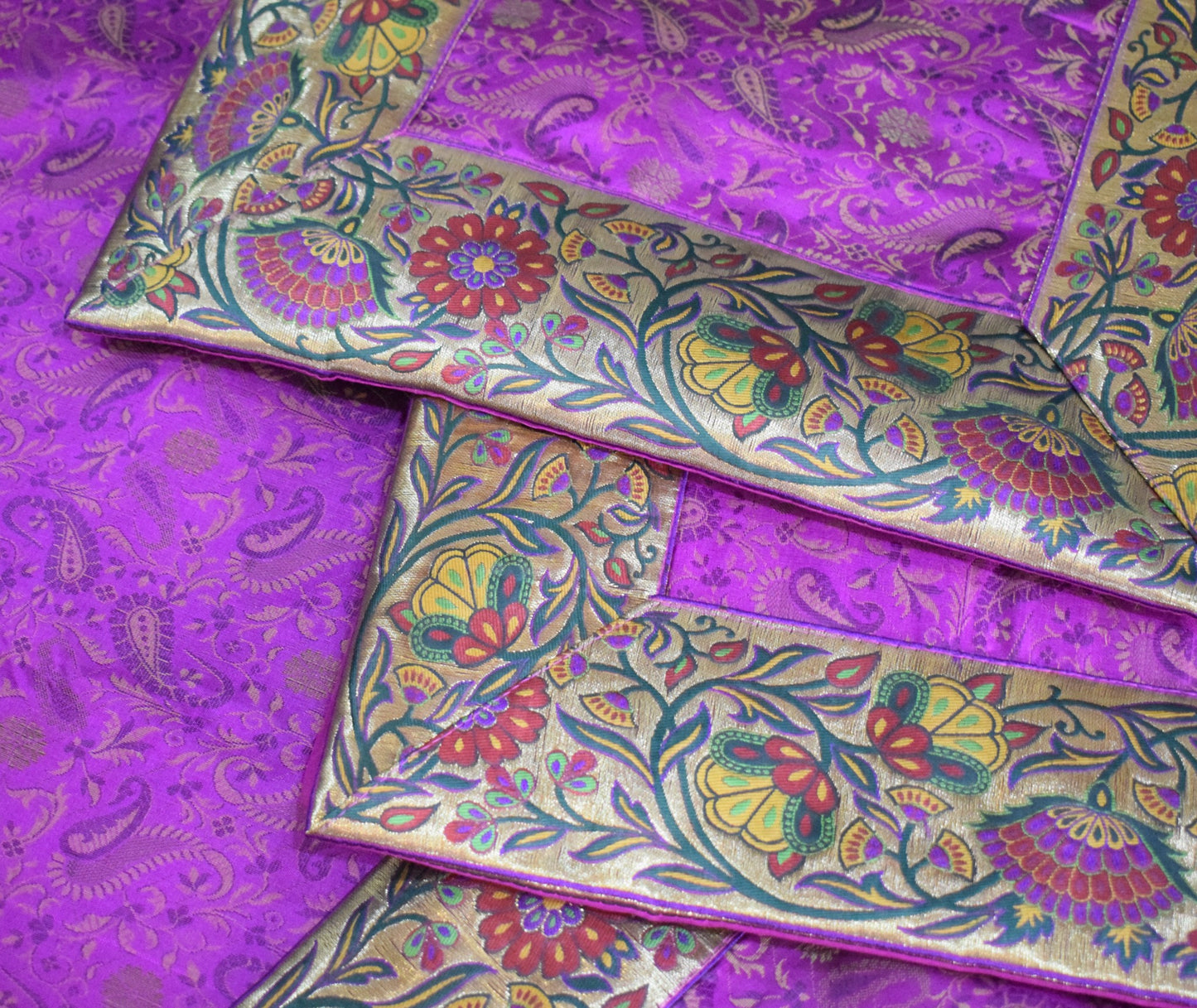 Dark Magenta Bed, Cushion & Pillow Cover Set Banarasi Silk & Woven Zari Brocade