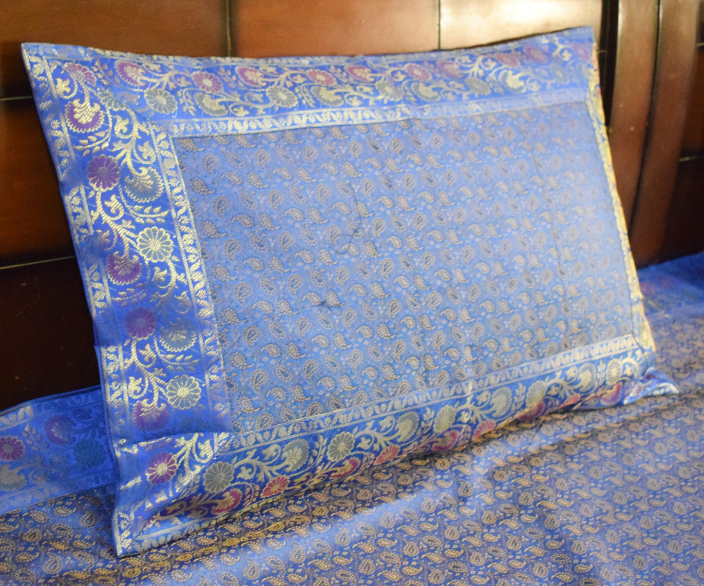 Blue Banarasi Bed, Cushion & Pillow Cover Set Indian Silk & Woven Zari Brocade