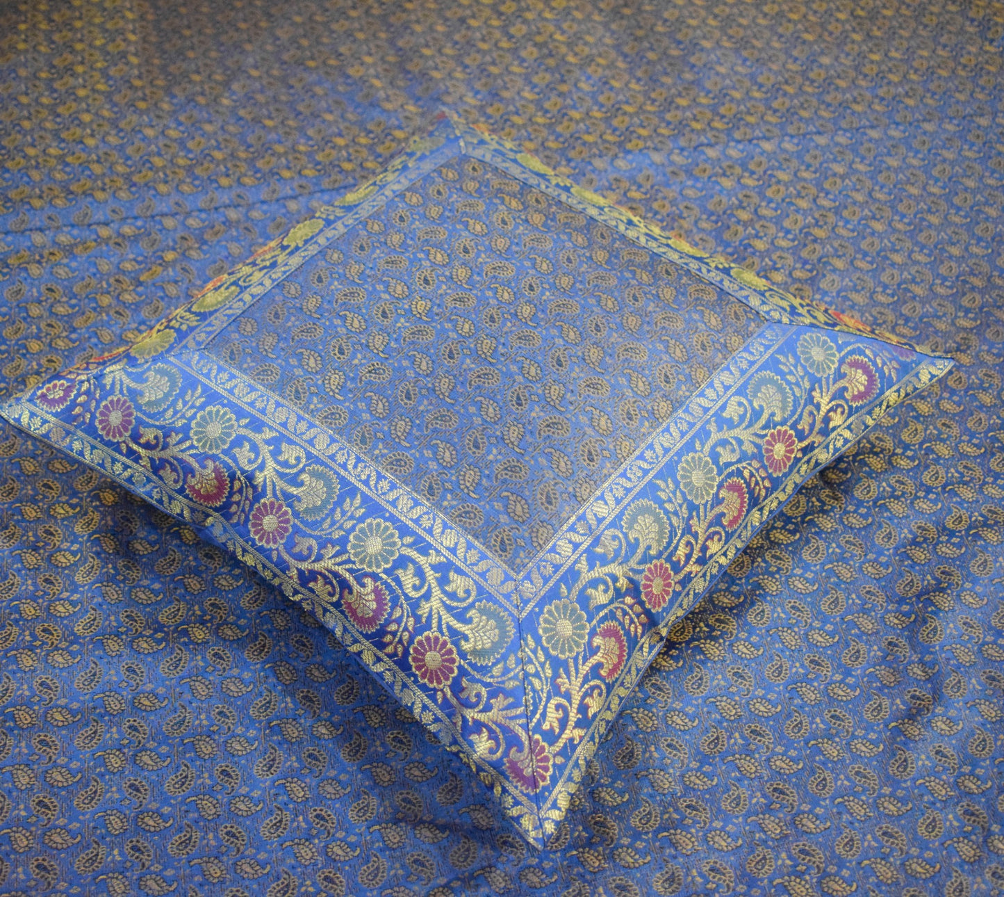Blue Banarasi Bed, Cushion & Pillow Cover Set Indian Silk & Woven Zari Brocade