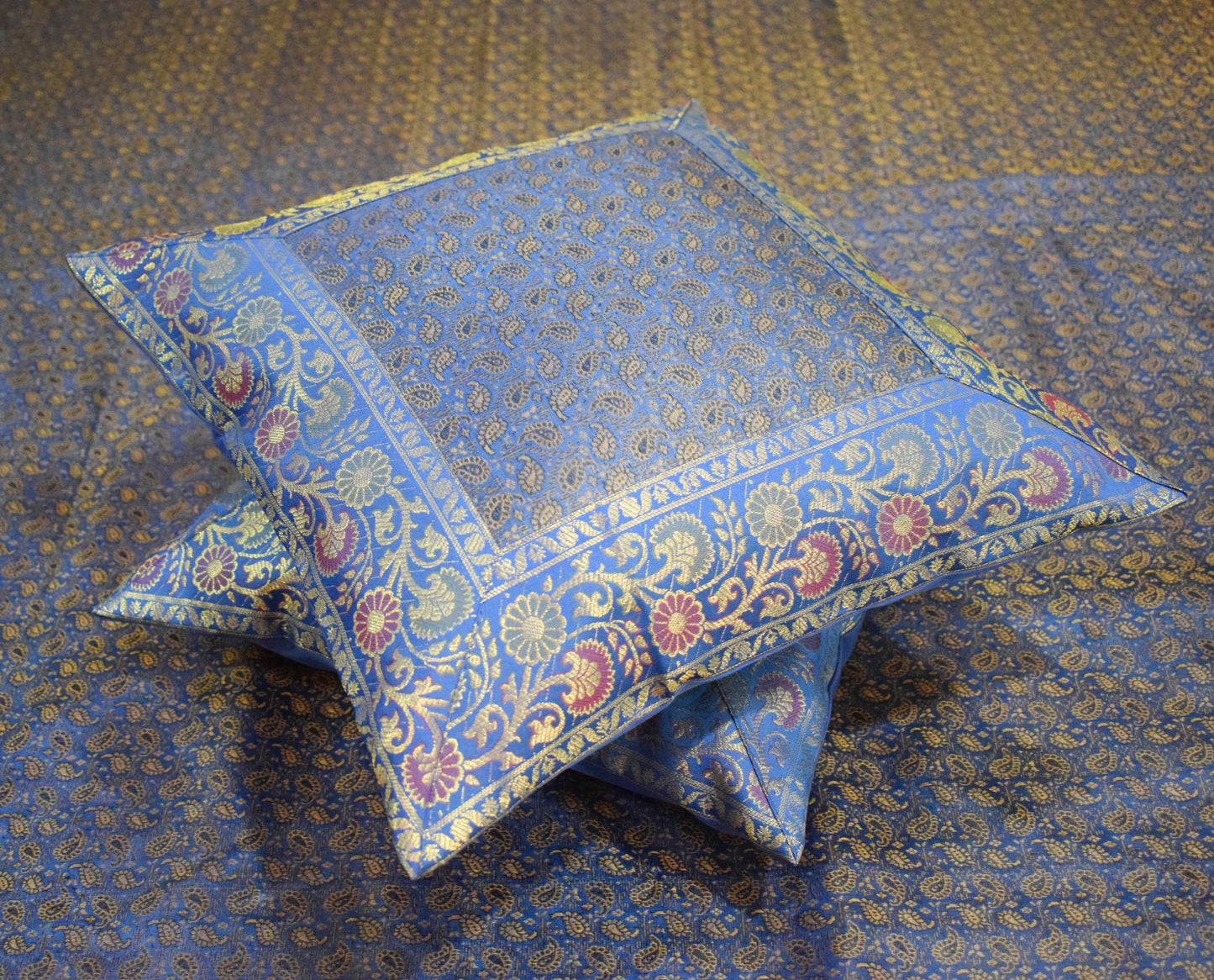 Blue Banarasi Bed, Cushion & Pillow Cover Set Indian Silk & Woven Zari Brocade