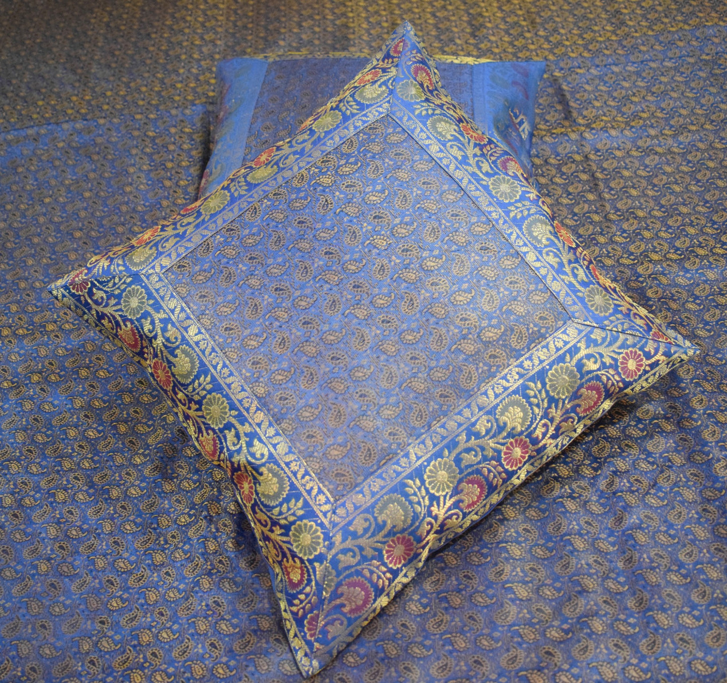Blue Banarasi Bed, Cushion & Pillow Cover Set Indian Silk & Woven Zari Brocade