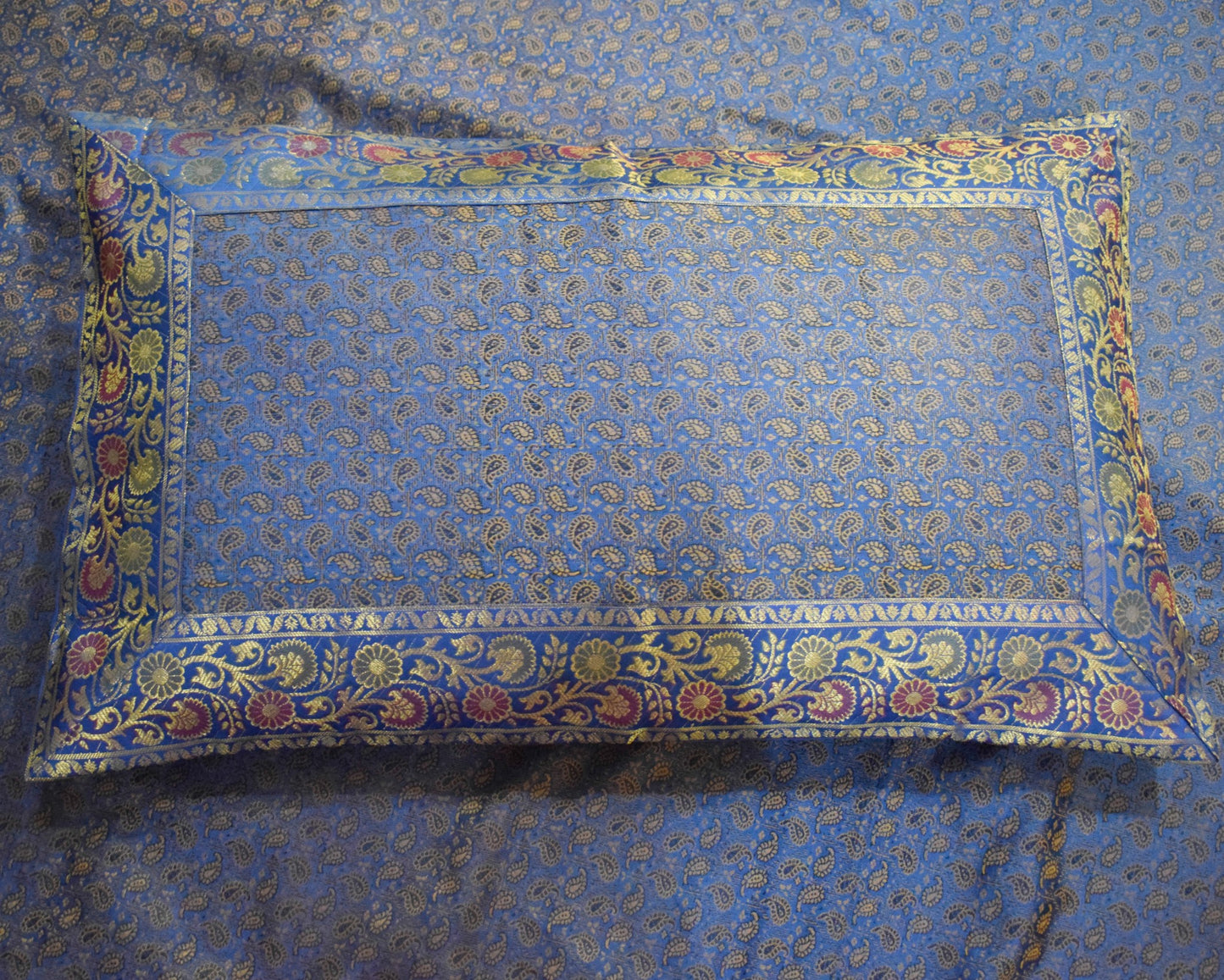 Blue Banarasi Bed, Cushion & Pillow Cover Set Indian Silk & Woven Zari Brocade