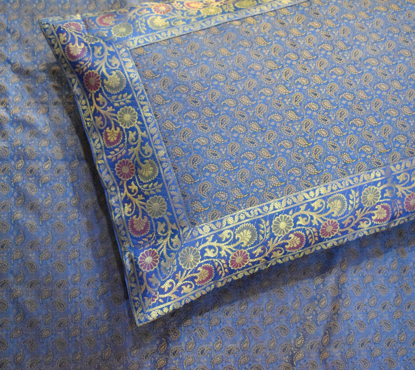 Blue Banarasi Bed, Cushion & Pillow Cover Set Indian Silk & Woven Zari Brocade