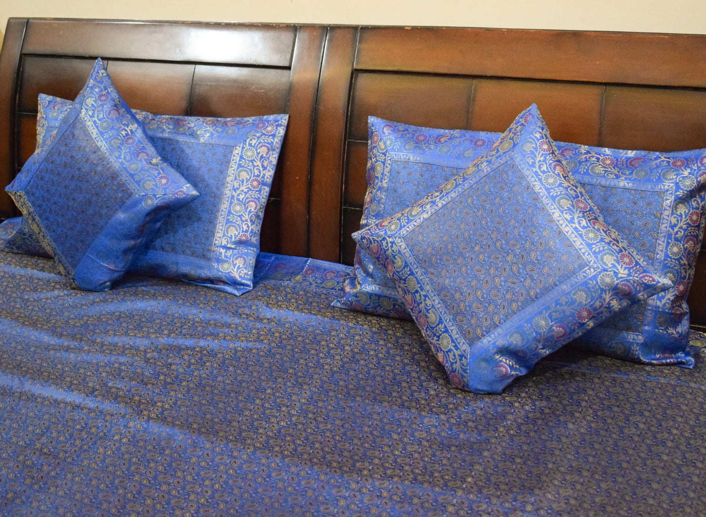 Blue Banarasi Bed, Cushion & Pillow Cover Set Indian Silk & Woven Zari Brocade