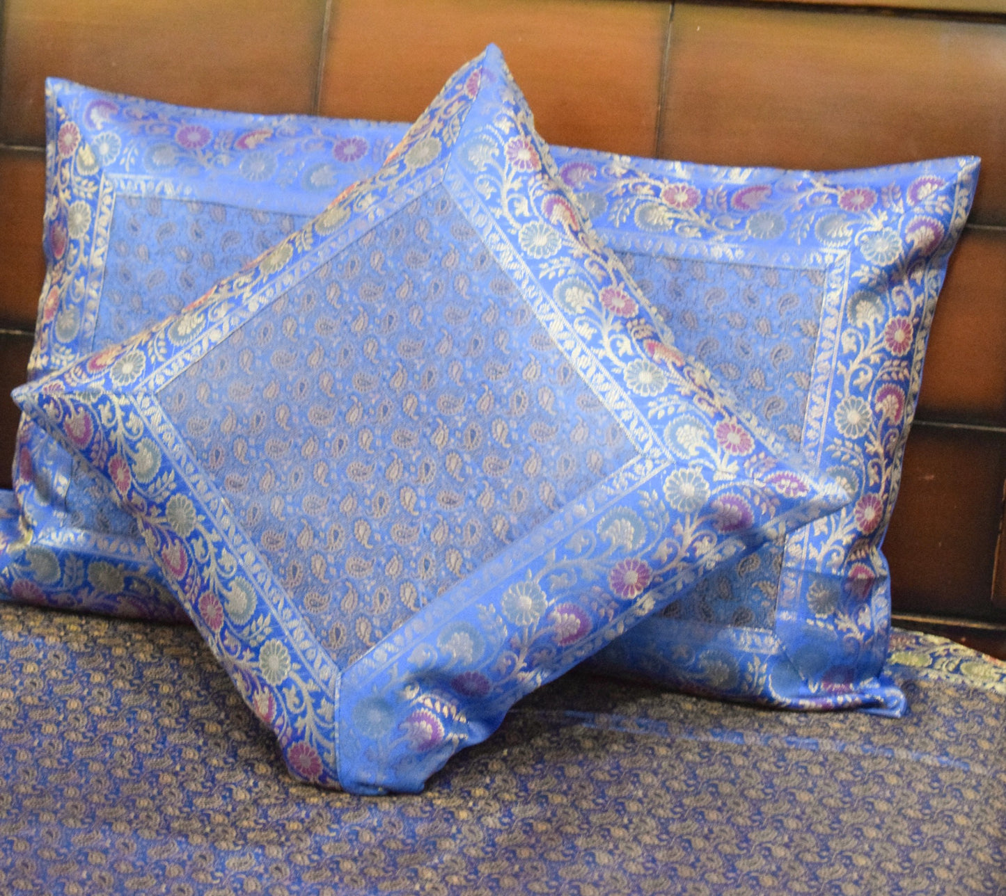 Blue Banarasi Bed, Cushion & Pillow Cover Set Indian Silk & Woven Zari Brocade