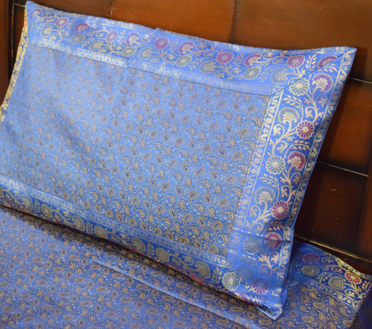 Blue Banarasi Bed, Cushion & Pillow Cover Set Indian Silk & Woven Zari Brocade