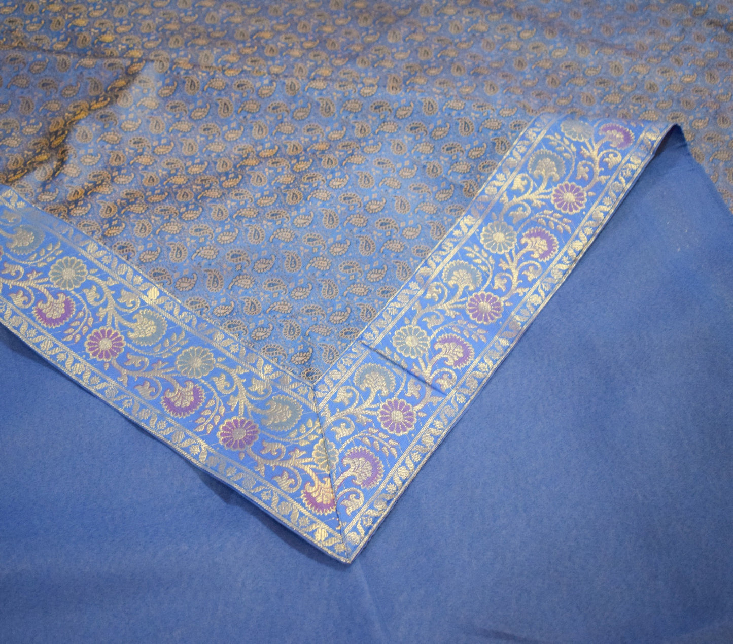 Blue Banarasi Bed, Cushion & Pillow Cover Set Indian Silk & Woven Zari Brocade